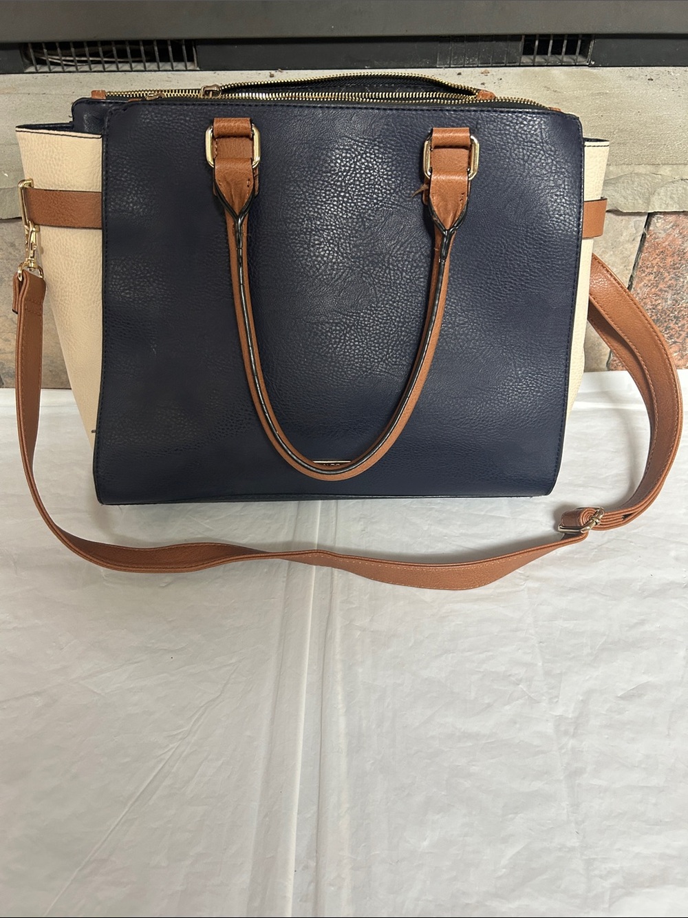 Aldo Navy, Cream & Brown Colorblock Satchel